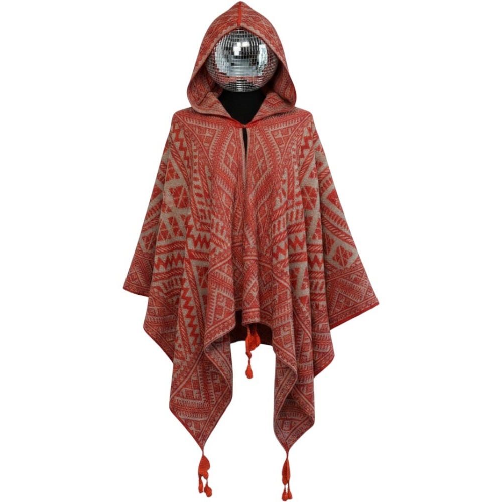 Peruvian Alpaca Hooded Cape, One Size Red Geometric Tassel Poncho | Folk Boho